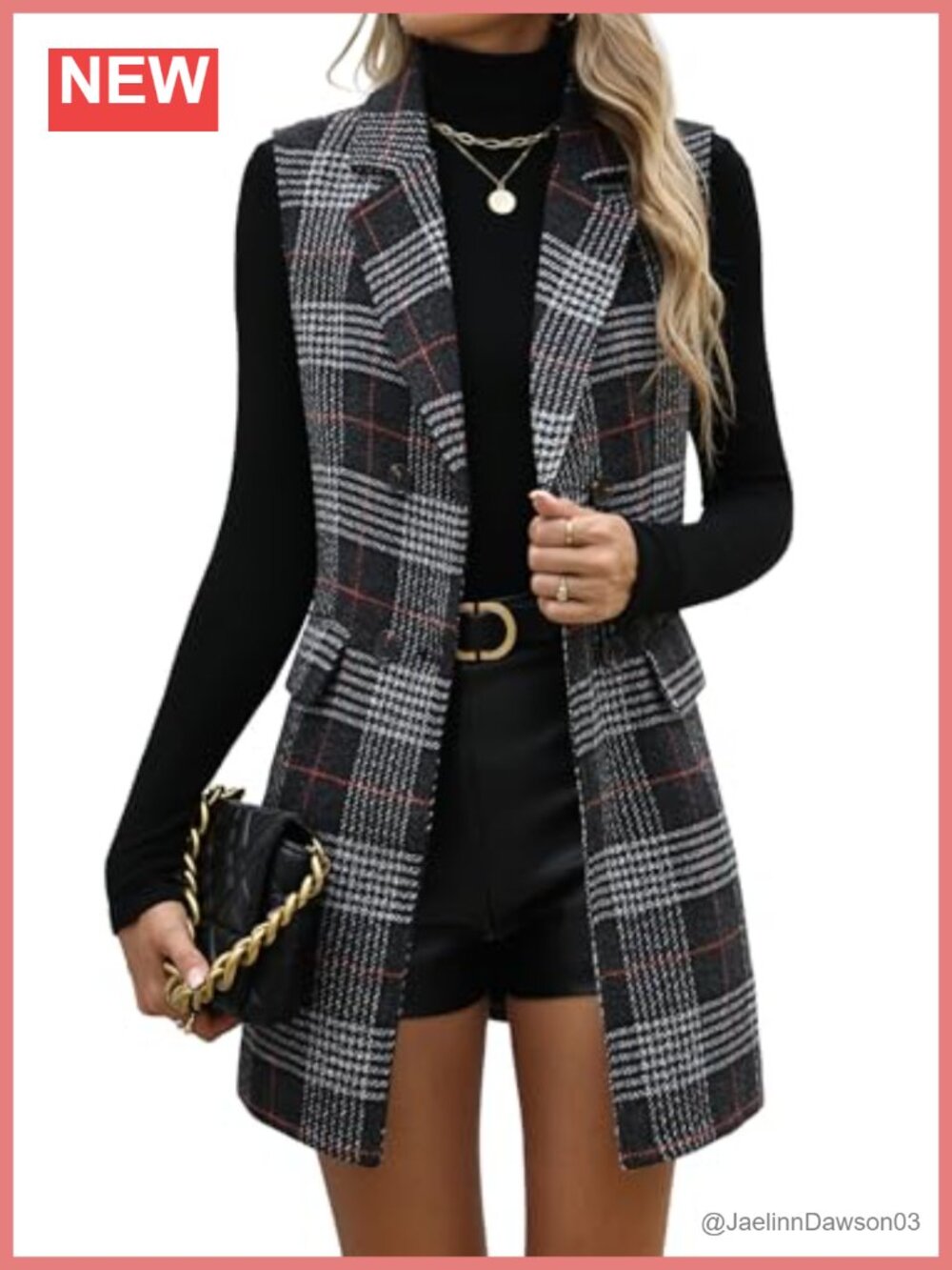Long Plaid Vest Sleeveless Tweed Blazer Jacket
